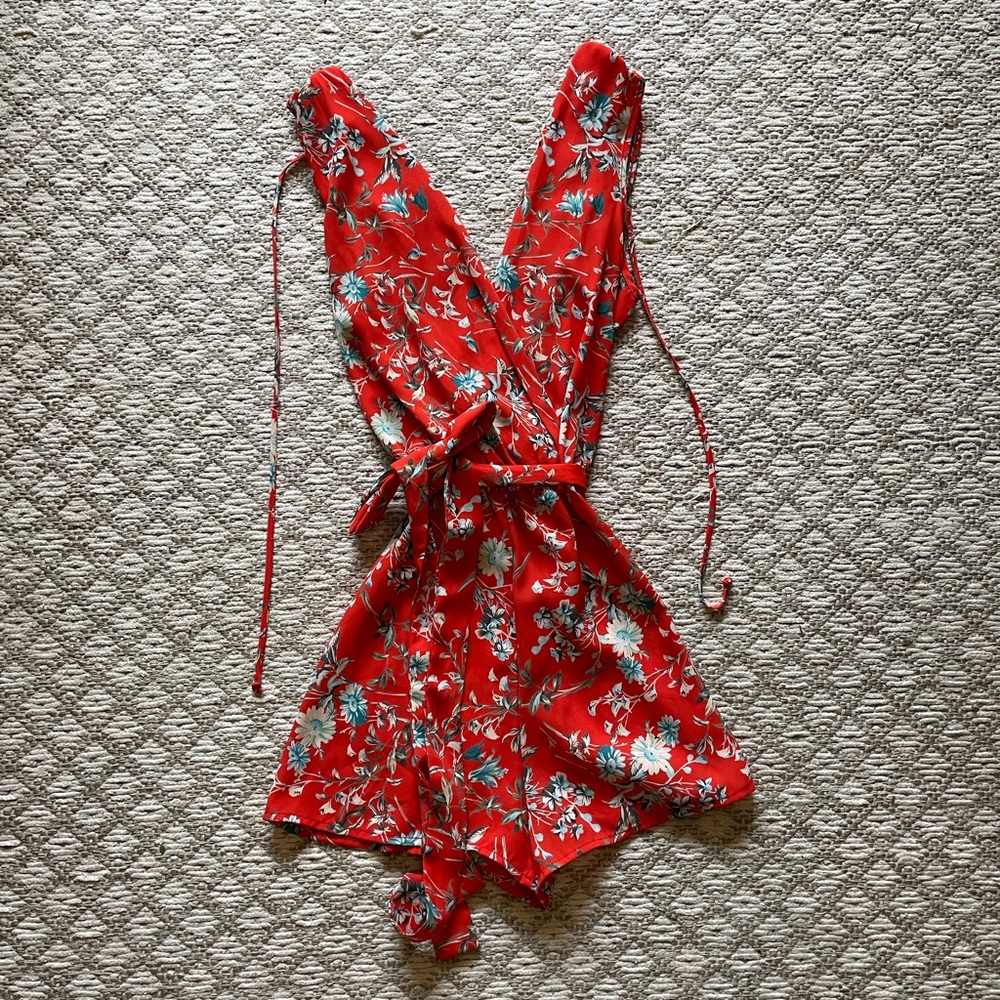 Flower print red orange shorts romper
